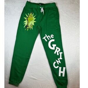 Dr Seuss The Grinch Mens Green Graphic Fleece Jogger Sweatpants Medium NWOT